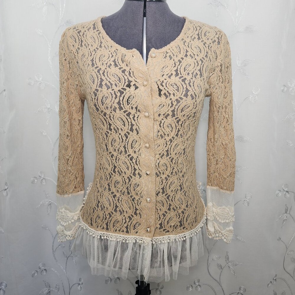 A'Reve Lace  Button-up Cardigan/Blouse with Ruffled Accent